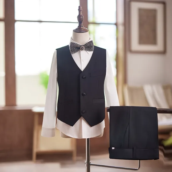 Black Long Sleeve Rhinestone 5-piece Wedding Boys Wedding Suits 2025 Body Jewellery Coat Pants Shirt Tie Vest