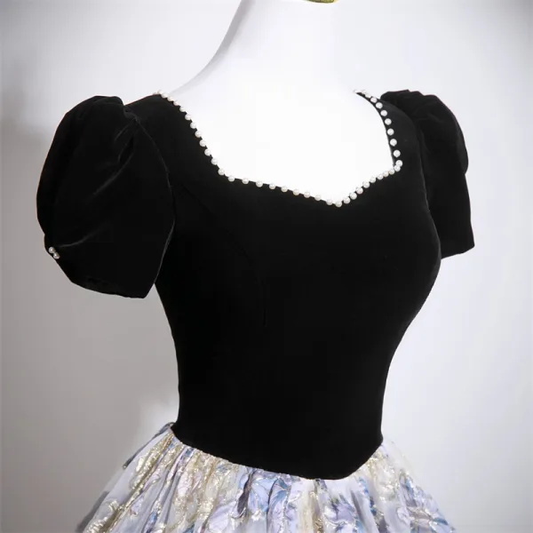 Elegant Black Printing Velvet Prom Dresses 2025 Ball Gown Square Neckline Puffy Short Sleeve Backless Floor-Length / Long Formal Dresses