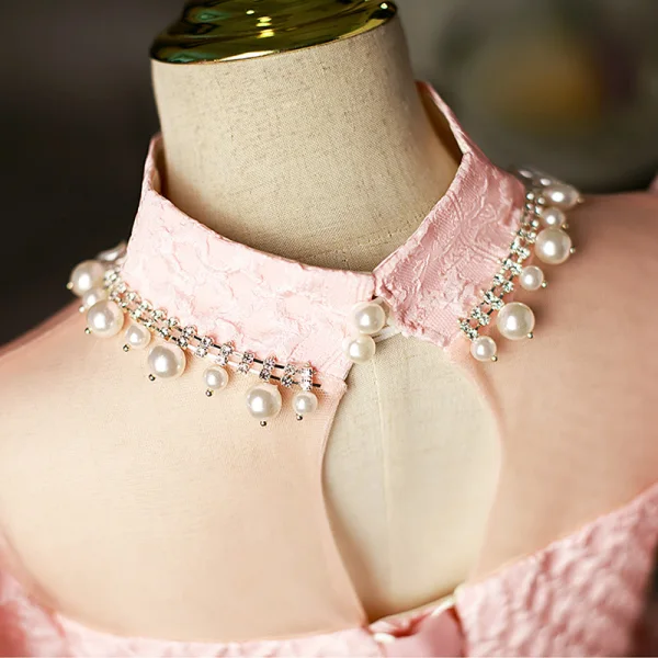 Charmant Rose Bonbon Anniversaire Perle Faux Diamant Paillettes Robe Ceremonie Fille 2022 Robe Boule Col Haut Gonflée Manches Courtes Longue Robe Ceremonie Fille