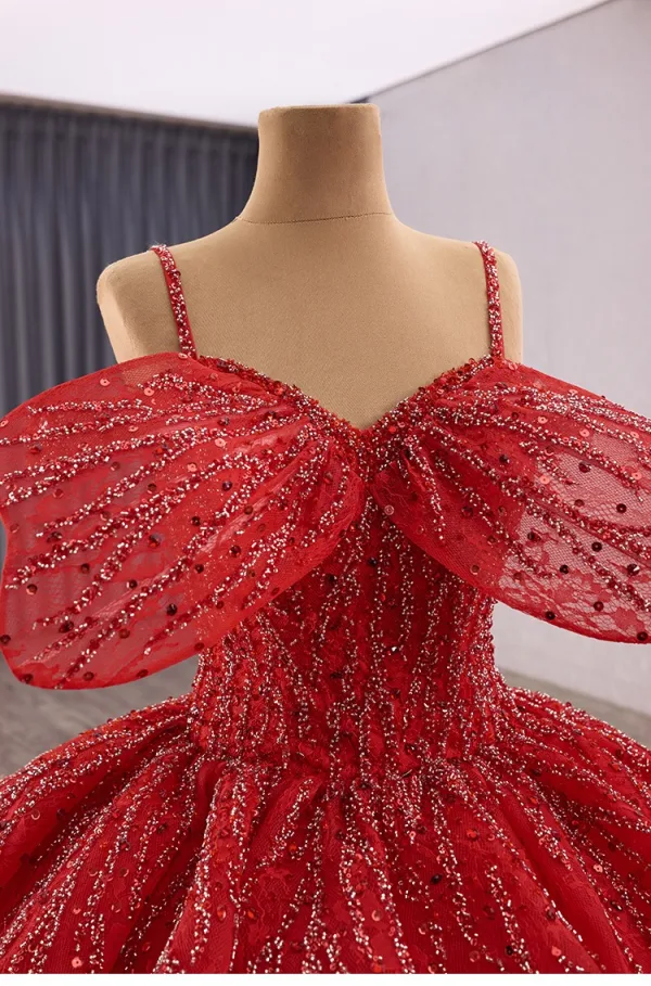 Luxury / Gorgeous Red Glitter Handmade  Beading Sequins Wedding Dresses 2025 Ball Gown Spaghetti Straps Short Sleeve Backless Chapel Train Wedding