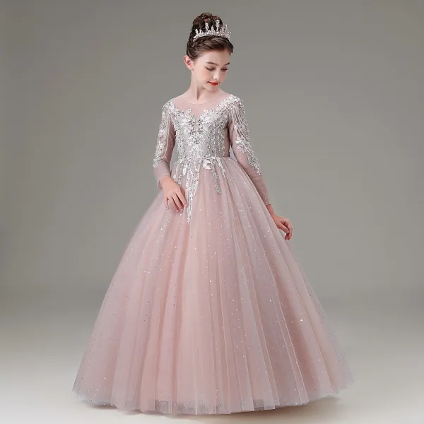 Elegant Blushing Pink Beading Rhinestone Lace Flower Birthday Flower Girl Dresses 2025 Ball Gown Scoop Neck Long Sleeve Floor-Length / Long