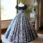 Vintage / Retro Navy Blue Beading Sequins Printing Prom Dresses 2024 Ball Gown Square Neckline Short Sleeve Backless Floor-Length / Long Prom Formal Dresses