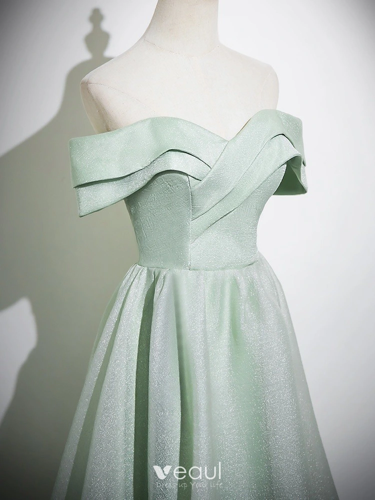 Chic Beautiful Sage Green Prom Dresses 2025 A-Line Princess Off-The-Shoulder Short Long