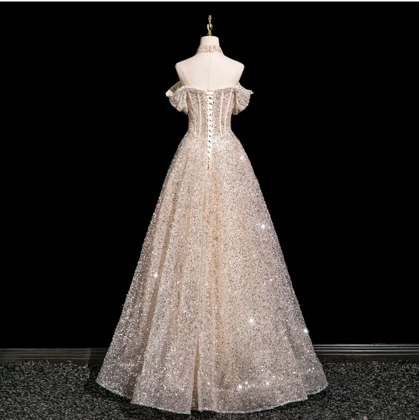 Glitzernden Charmant Champagner Perlenstickerei Strass Pailletten Abendkleider 2025 A Linie Off Shoulder Kurze Ärmel Rückenfreies Lange Festliche Kleider