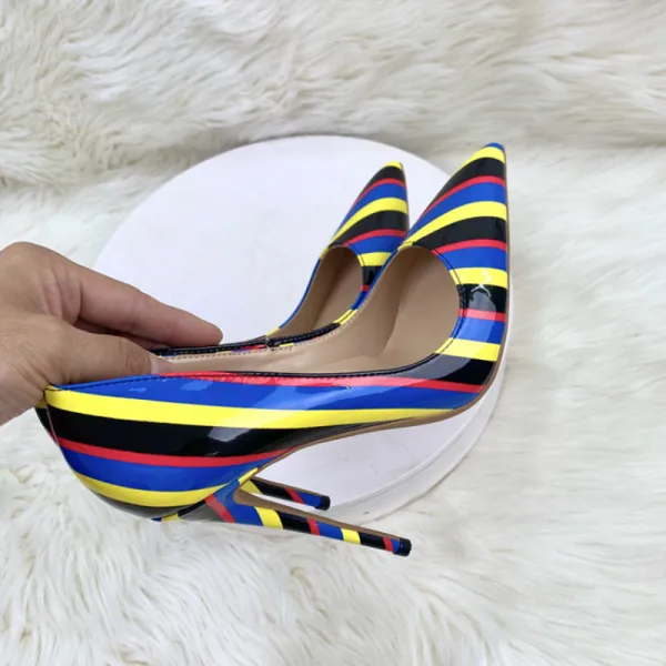 Uvanlig Multi-Farger Stripet Aften Pumps 2023 12 cm Stiletthæler Spisse Pumps Høyhælte