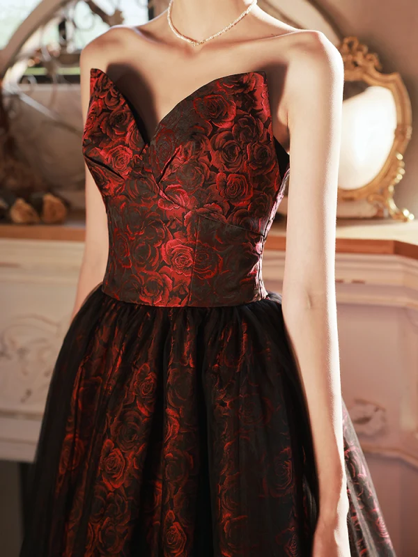 Vintage / Retro Burgundy Printing Prom Dresses 2022 A-Line / Princess Strapless Sleeveless Backless Floor-Length / Long Formal Dresses