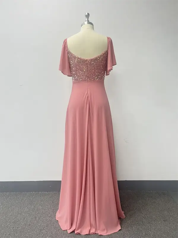 Chic / Beautiful Blushing Pink Sequins Chiffon Prom Dresses 2024 A-Line / Princess Square Neckline Short Sleeve Backless Floor-Length / Long Prom Formal Dresses