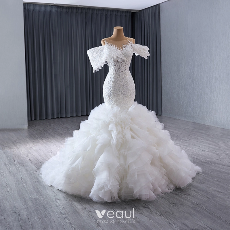 Luxury / Gorgeous White Handmade Beading Rhinestone Lace Flower Cascading Ruffles Wedding Dresses 2024 Trumpet / Mermaid Scoop Neck Short Sleeve Court Train Wedding Luxury / Gorgeous White Handmade Beading Rhinestone Lace Flower Cascading Ruffles Wedding Dresses 2024 Trumpet / Mermaid Scoop Neck Short Sleeve Court Train Wedding