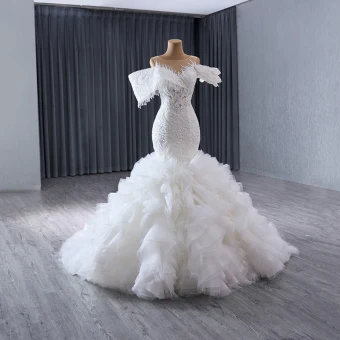 Luxury Gorgeous White Handmade Beading Rhinestone Lace Flower Cascading Ruffles Wedding Dresses 2024 Trumpet Mermaid Scoop Neck Short Sleeve Court Train Wedding