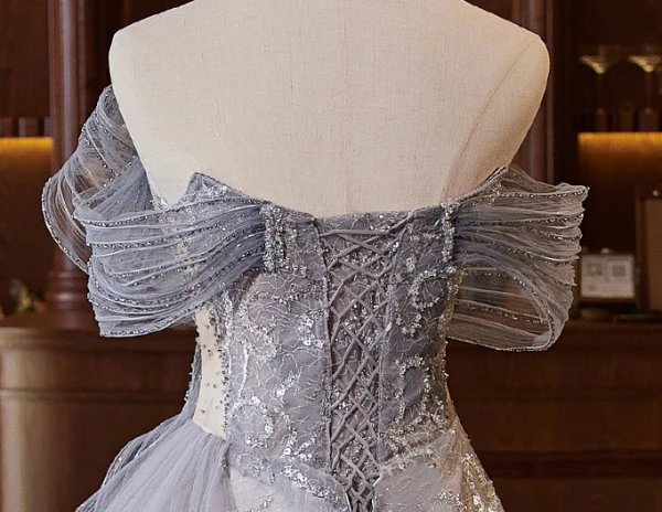 High-end Grey Beading Sequins Prom Dresses 2024 A-Line / Princess Off-The-Shoulder Sleeveless Backless Floor-Length / Long Prom Formal Dresses