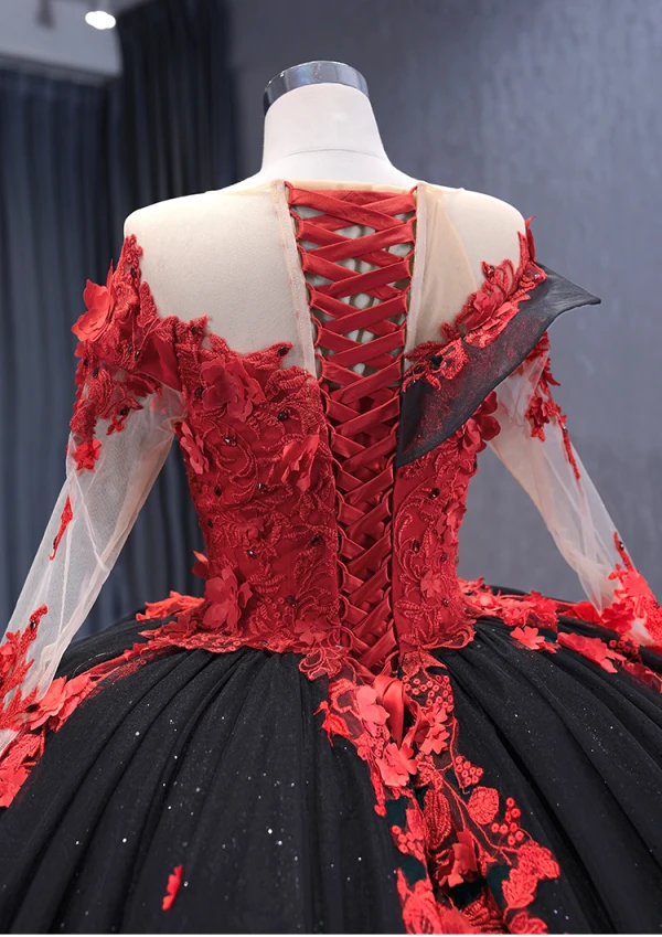 Haut de Gamme Noire En Dentelle Fleur Perlage Paillettes Appliques Tribunal Train Robe De Bal 2024 Robe Boule Encolure Dégagée Manches Longues Promo Robe De Ceremonie