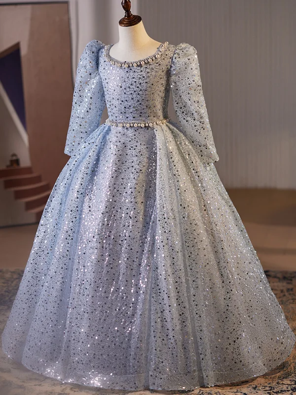 Sparkly Sky Blue Beading Pearl Rhinestone Birthday Flower Girl Dresses 2024 Ball Gown Scoop Neck 3/4 Sleeve Backless Floor-Length / Long