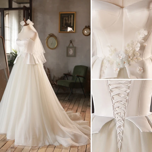 Leichtes Schlicht Ivory / Creme Brautkleider / Hochzeitskleider 2023 A Linie Bandeau Applikationen Ärmellos Rückenfreies Sweep / Pinsel Zug Hochzeit
