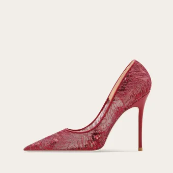 Charming Burgundy Evening Party Lace Sequins Pumps 2025 10 Cm Stiletto Heels Pointed Toe Pumps High Heels