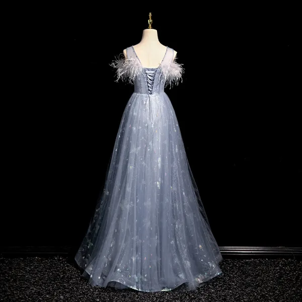Chic / Beautiful Sky Blue Lace Flower Tassel Prom Dresses 2024 A-Line / Princess Scoop Neck Sleeveless Backless Floor-Length / Long Prom Formal Dresses