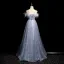 Chic / Beautiful Sky Blue Lace Flower Tassel Prom Dresses 2024 A-Line / Princess Scoop Neck Sleeveless Backless Floor-Length / Long Prom Formal Dresses