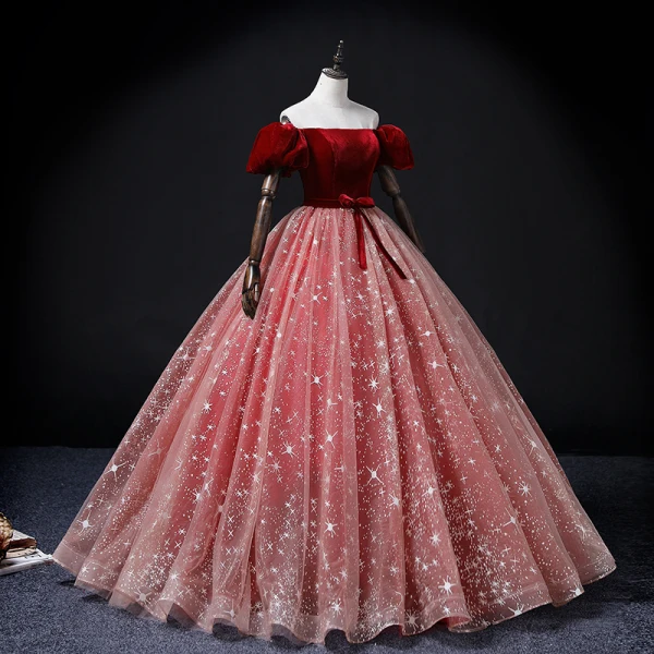 Elegant Burgundy Prom Dresses 2022 Ball Gown Off-The-Shoulder Puffy Short Sleeve Bow Sash Backless Floor-Length / Long Formal Dresses