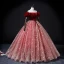 Elegant Burgundy Prom Dresses 2022 Ball Gown Off-The-Shoulder Puffy Short Sleeve Bow Sash Backless Floor-Length / Long Formal Dresses