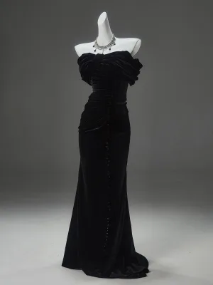 High End Black Velvet Evening Dresses 2025 Trumpet Mermaid Strapless Sleeveless Backless Sweep Train Evening Party Formal Dresses
