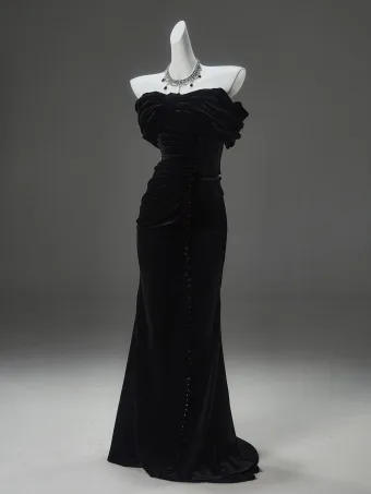 Haut De Gamme Noire Velours Robe De Soirée 2025 Trompette Sirène Bustier Sans Manches Dos Nu Train De Balayage Soirée Robe De Ceremonie