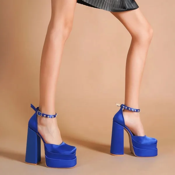 Unique Silber Cocktail Damen schuhe 2022 Knöchelriemen 15 cm Thick Heels Quadratische Zehe Hochhackige