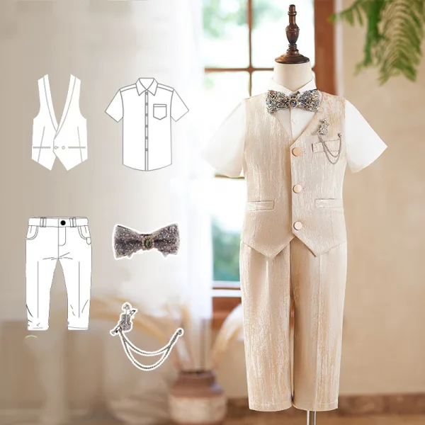 Fashion Khaki 5-piece Short Sleeve Boys Wedding Suits 2024 Body Jewellery Pants Shirt Vest