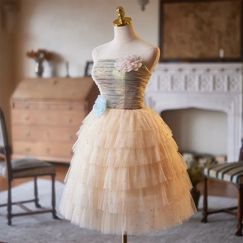 Charming Champagne Pearl Appliques Homecoming Graduation Dresses 2025 A  Line Princess Strapless Sleeveless Backless Tea Length Formal Dresses