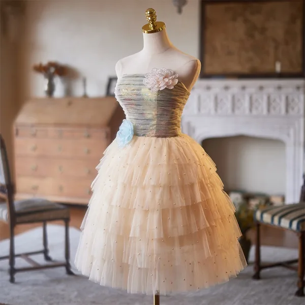 slim fit dress slacks Champagne Tulle Long Prom Dress with Beaded, Cute A-Line Graduation Dr main image 0