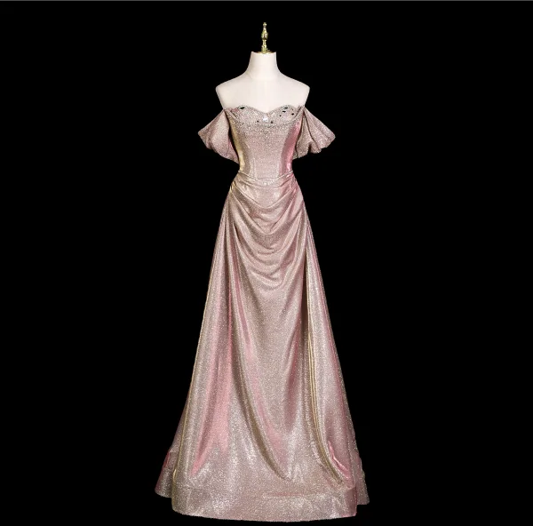Sexy Rougissant Rose Faux Diamant Paillettes Robe De Soirée 2025 Trompette / Sirène De l'épaule Manches Courtes Dos Nu Noeud Longue Robe De Ceremonie