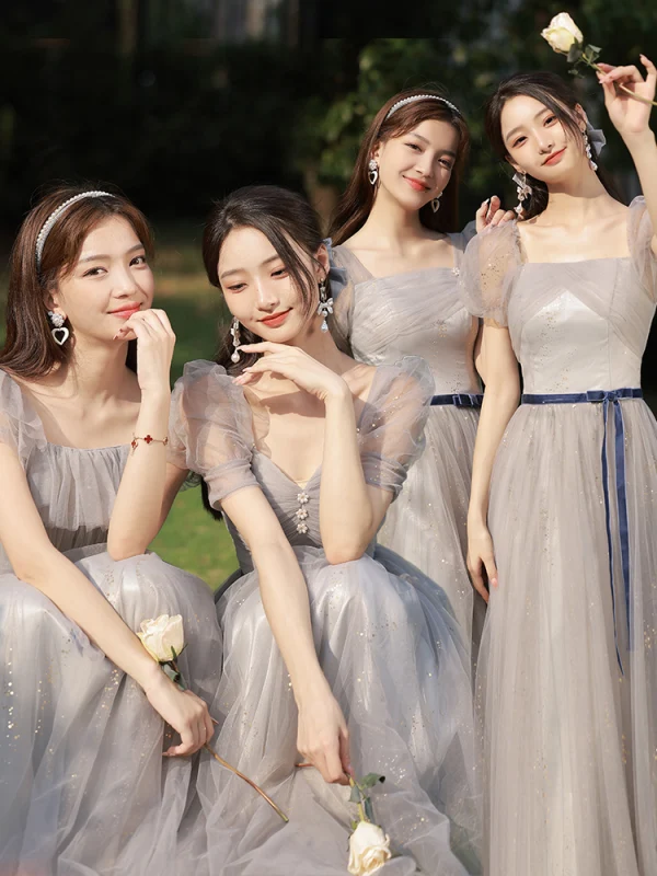 Modest / Simple Grey Bow Sash Bridesmaid Dresses 2023 A-Line / Princess Square Neckline Short Sleeve Floor-Length / Long Bridesmaid Dresses