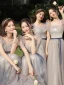 Modest / Simple Grey Bow Sash Bridesmaid Dresses 2023 A-Line / Princess Square Neckline Short Sleeve Floor-Length / Long Bridesmaid Dresses