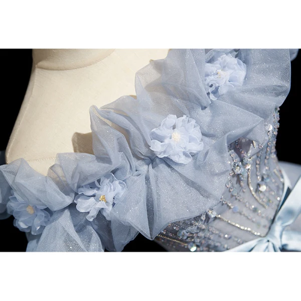 Chic / Belle Bleu Ciel Perlage Paillettes Appliques Robe De Bal 2023 Princesse De l'épaule Noeud Ceinture Sans Manches Dos Nu Longue Promo Robe De Ceremonie
