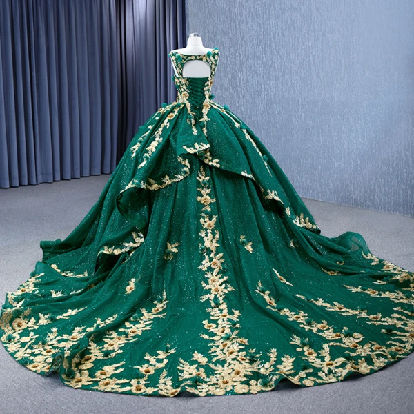 High-end Dark Green Sequins Lace Flower Appliques Prom Dresses 2023 Ball Gown Square Neckline Sleeveless Backless Bow Royal Train Prom Formal Dresses
