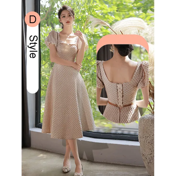 Modest / Simple Khaki Bridesmaid Dresses 2022 A-Line / Princess Short Sleeve Backless Sash Floor-Length / Long Bridesmaid Dresses
