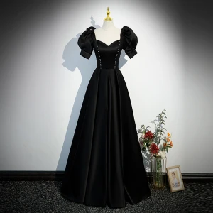 Élégant Noire Robe De Soirée 2023 Princesse Encolure Carrée Noeud Gonflée Manches Courtes Dos Nu Longue Soirée Robe De Ceremonie