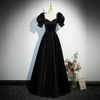 Élégant Noire Robe De Soirée 2023 Princesse Encolure Carrée Noeud Gonflée Manches Courtes Dos Nu Longue Soirée Robe De Ceremonie