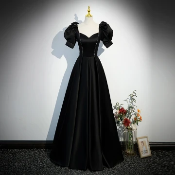 Élégant Noire Robe De Soirée 2023 Princesse Encolure Carrée Noeud Gonflée Manches Courtes Dos Nu Longue Soirée Robe De Ceremonie