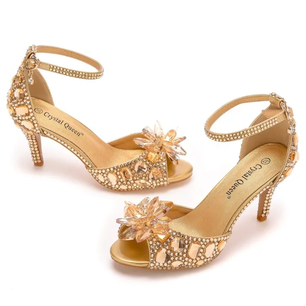 Charmant Gold Abend Strass Sandalen Damen 2023 Knöchelriemen 7 cm Stilettos Peeptoes Sandaletten Hochhackige