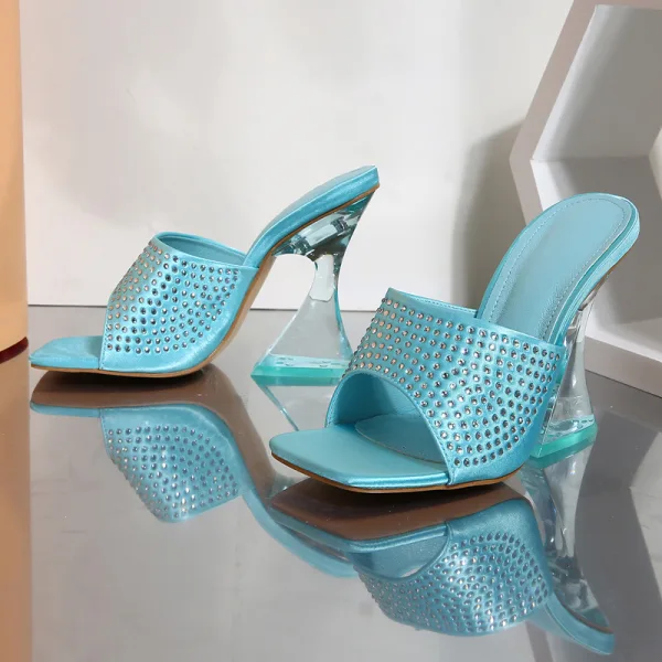 Summer Fashion Pool Blue Street Wear Rhinestone Womens Sandals 2022 9 cm Crystal Stiletto Heels Open / Peep Toe Sandals High Heels