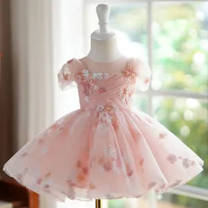Chic Beautiful Blushing Pink Pearl Sequins Short Birthday Flower Girl Dresses 2024 Ball Gown Scoop Neck Cap Sleeves Tulle