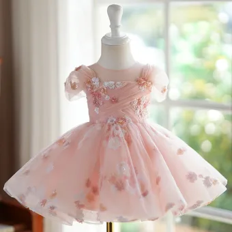 Chic Beautiful Blushing Pink Pearl Sequins Short Birthday Flower Girl Dresses 2024 Ball Gown Scoop Neck Cap Sleeves Tulle
