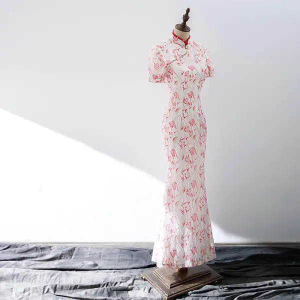 Style Chinois En Dentelle Rouge Robe De Soirée 2022 Trompette / Sirène Col Haut Perle Manches Courtes Longue Soirée Robe De Ceremonie