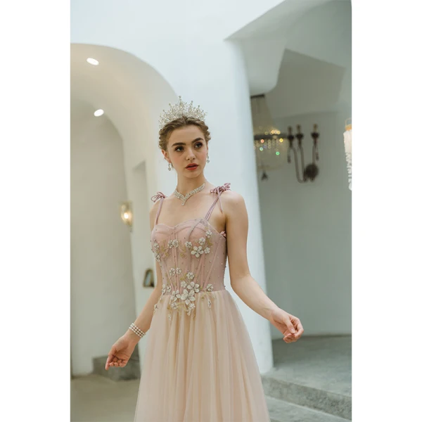 Charming Blushing Pink Evening Dresses 2022 A-Line / Princess Spaghetti Straps Sleeveless Backless Beading Rhinestone Lace Flower Floor-Length / Long Evening Party Formal Dresses
