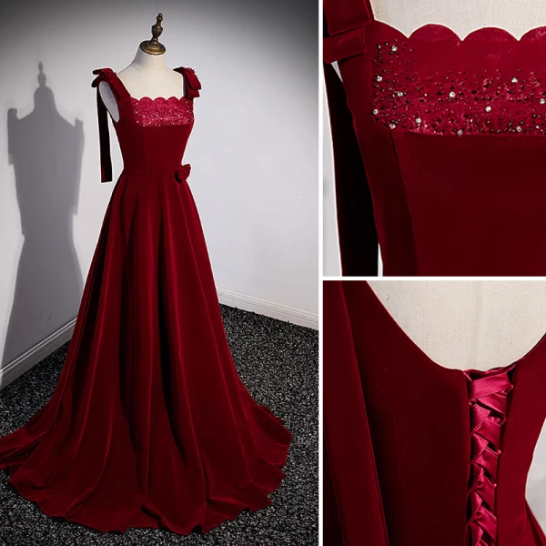Chic / Beautiful Burgundy Suede Prom Dresses 2022 A-Line / Princess Square Neckline Sleeveless Backless Rhinestone Floor-Length / Long Prom Formal Dresses