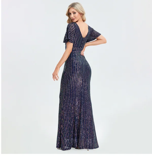 Bling Bling Bordeaux Paillettes Robe De Soirée 2023 Trompette / Sirène V-Cou Manches Courtes Dos Nu Longue Soirée Robe De Ceremonie