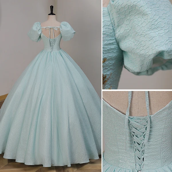 Elegant Mint Green Beading Sequins Prom Dresses 2023 Ball Gown Square Neckline Short Sleeve Backless Floor-Length / Long Prom Formal Dresses