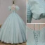 Elegant Mint Green Beading Sequins Prom Dresses 2023 Ball Gown Square Neckline Short Sleeve Backless Floor-Length / Long Prom Formal Dresses