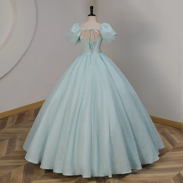 Elegant Mint Green Beading Sequins Prom Dresses 2023 Ball Gown Square Neckline Short Sleeve Backless Floor-Length / Long Prom Formal Dresses