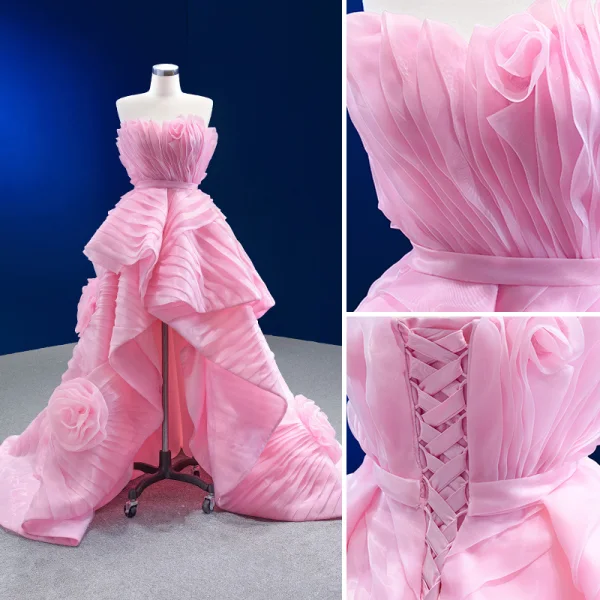 Haut de Gamme Haute Basse Rougissant Rose Volants en Cascade Asymétrique Robe De Bal 2022 Robe Boule Bustier Sans Manches Dos Nu Promo Robe De Ceremonie