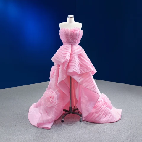 High End Hohes Niedriges Rosa Fallende Rüsche Asymmetrisch Ballkleider 2022 Ballkleid Bandeau Ärmellos Rückenfreies Ball Festliche Kleider